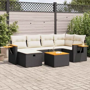 vidaXL Salon de jardin 7 pcs avec coussins noir résine tressée pas cher