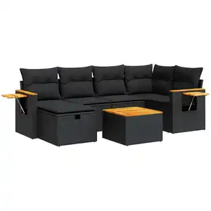 vidaXL Salon de jardin 7 pcs avec coussins noir résine tressée pas cher