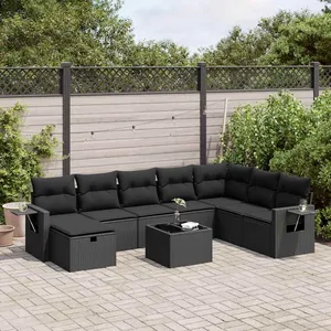 vidaXL Salon de jardin 9 pcs avec coussins noir résine tressée pas cher