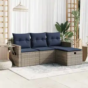 vidaXL Salon de jardin 4 pcs avec coussins gris résine tressée pas cher