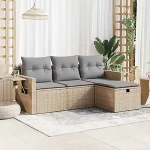 vidaXL Salon de jardin avec coussins 4 pcs beige résine tressée pas cher