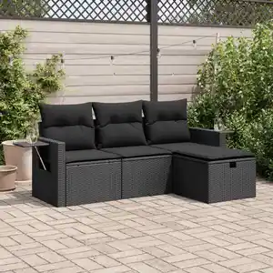 vidaXL Salon de jardin 4 pcs avec coussins noir résine tressée pas cher
