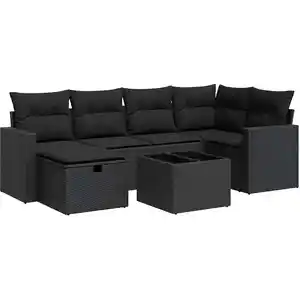 vidaXL Salon de jardin 7 pcs avec coussins noir résine tressée pas cher