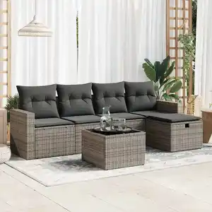 Salon de jardin vidaXL 6 pcs avec coussins gris résine tressée 3325376 pas cher