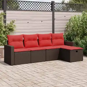 vidaXL Salon de jardin avec coussins 5 pcs marron résine tressée pas cher