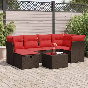vidaXL Salon de jardin avec coussins 7 pcs marron résine tressée pas cher