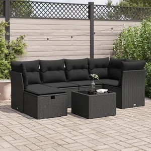 vidaXL Salon de jardin 7 pcs avec coussins noir résine tressée pas cher