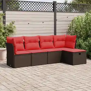 vidaXL Salon de jardin avec coussins 5 pcs marron résine tressée pas cher