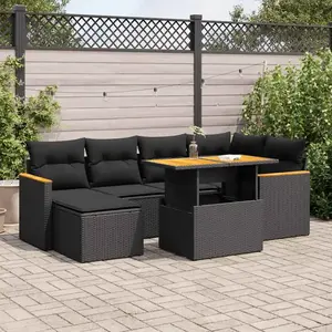 Vidaxl salon de jardin avec coussins 7 pcs noir résine tressée acacia pas cher