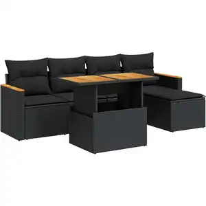 Vidaxl salon de jardin 6 pcs avec coussins noir résine tressée acacia pas cher