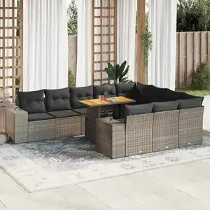 Vidaxl salon de jardin avec coussins 10 pcs gris résine tressée acacia pas cher