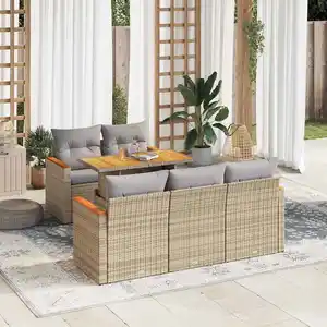 Vidaxl salon de jardin 6 pcs avec coussins beige résine tressée acacia pas cher