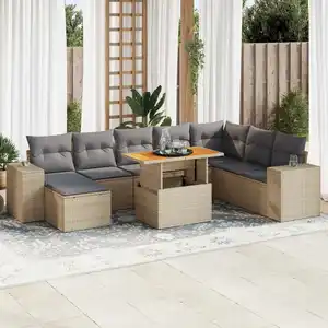 Vidaxl salon de jardin avec coussins 9 pcs beige résine tressée acacia pas cher