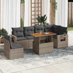 vidaXL Salon de jardin avec coussins 7 pcs gris résine tressée pas cher