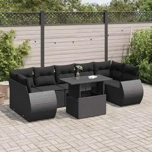 vidaXL Salon de jardin 8 pcs avec coussins noir résine tressée pas cher