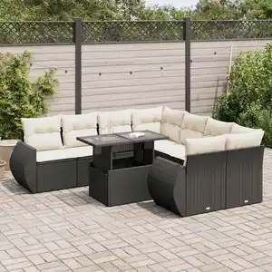 Salon de jardin vidaXL 9 pcs avec coussins noir résine tressée 3326607 pas cher
