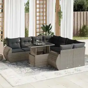 vidaXL Salon de jardin 9 pcs avec coussins gris résine tressée pas cher