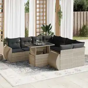vidaXL Salon de jardin 9 pcs avec coussins gris clair résine tressée pas cher