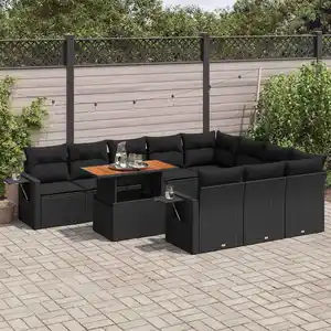 vidaXL Salon de jardin 11 pcs avec coussins noir résine tressée pas cher