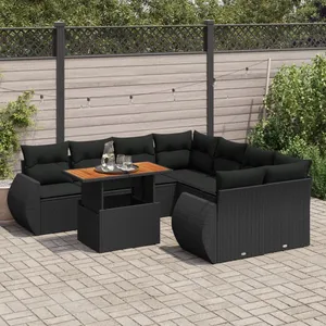 vidaXL Salon de jardin 9 pcs avec coussins noir résine tressée pas cher