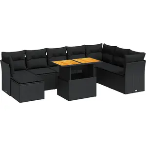 Salon de jardin vidaXL 9 pcs avec coussins noir résine tressée 3326960 pas cher