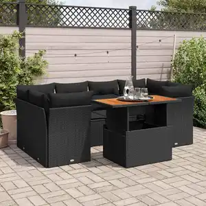 vidaXL Salon de jardin 7 pcs avec coussins noir résine tressée pas cher
