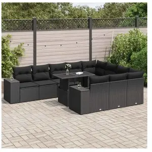 vidaXL Salon de jardin 11 pcs avec coussins noir résine tressée pas cher
