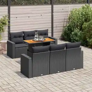 vidaXL Salon de jardin 7 pcs avec coussins noir résine tressée pas cher
