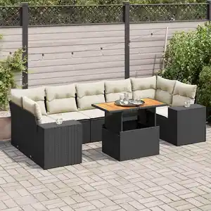 vidaXL Salon de jardin 8 pcs avec coussins noir résine tressée pas cher