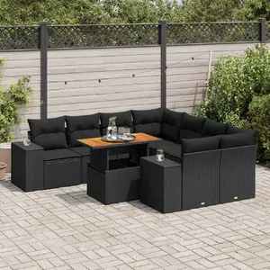 vidaXL Salon de jardin 9 pcs avec coussins noir résine tressée pas cher