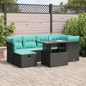 vidaXL Salon de jardin avec coussins 7 pcs noir résine tressée acacia pas cher