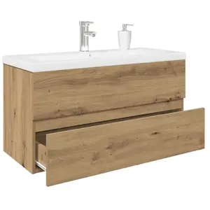 Comparateur de prix : Vidaxl - Meuble lavabo avec bassin et robinet intégrés chêne artisanal