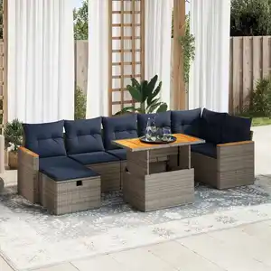vidaXL Salon de jardin 8pcs avec coussins marron résine tressée acacia pas cher