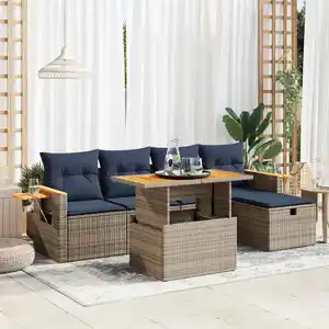 vidaXL Salon de jardin avec coussins 6 pcs gris résine tressée acacia pas cher