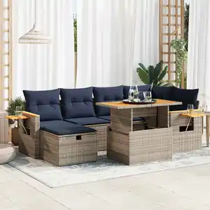 vidaXL Salon de jardin avec coussins 7 pcs noir résine tressée acacia pas cher