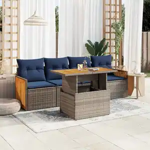 vidaXL Salon de jardin 5 pcs avec coussins gris résine tressée acacia pas cher