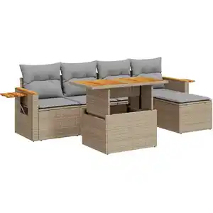 vidaXL Salon de jardin avec coussins 7 pcs beige résine tressée acacia pas cher