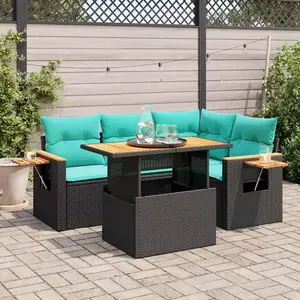 vidaXL Salon de jardin 5 pcs avec coussins noir résine tressée acacia pas cher