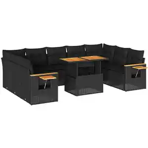 vidaXL Salon de jardin 10 pcs avec coussins noir résine tressée acacia pas cher