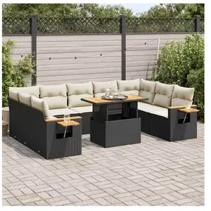 vidaXL Salon de jardin 10 pcs avec coussins noir résine tressée acacia pas cher