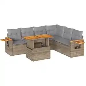 vidaXL Salon de jardin 6 pcs avec coussins beige résine tressée acacia pas cher