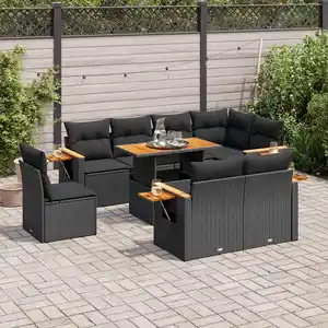 vidaXL Salon de jardin avec coussins 9 pcs noir résine tressée acacia pas cher