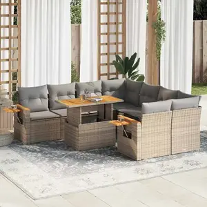 Vidaxl salon de jardin avec coussins 9 pcs beige résine tressée acacia pas cher
