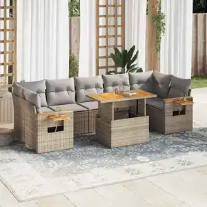 Vidaxl salon de jardin avec coussins 8 pcs beige résine tressée acacia pas cher