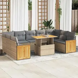 Vidaxl salon de jardin avec coussins 10pcs beige résine tressée acacia pas cher