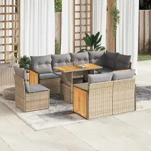 Vidaxl salon de jardin avec coussins 9 pcs beige résine tressée acacia pas cher