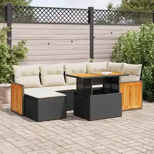 vidaXL Salon de jardin avec coussins 8 pcs noir résine tressée acacia pas cher