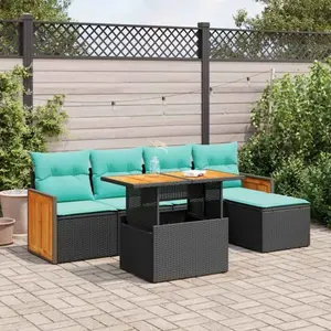 vidaXL Salon de jardin 6 pcs avec coussins noir résine tressée acacia pas cher