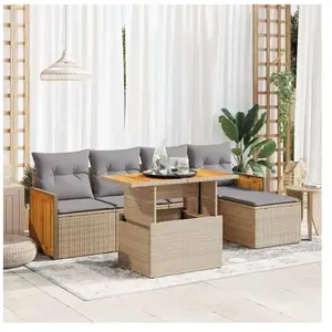 vidaXL Salon de jardin 6 pcs avec coussins beige résine tressée acacia pas cher