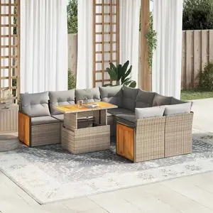 Vidaxl salon de jardin avec coussins 9 pcs beige résine tressée acacia pas cher